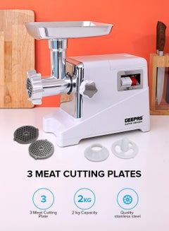 GEEPAS Metal Gear Meat Grinder with Reverse Function, Copper Material Motor, , 3 Cutting Plates -3MM, 5MM & 7 MM, Metal Gears 1600 W GMG1911 White  - Image 2