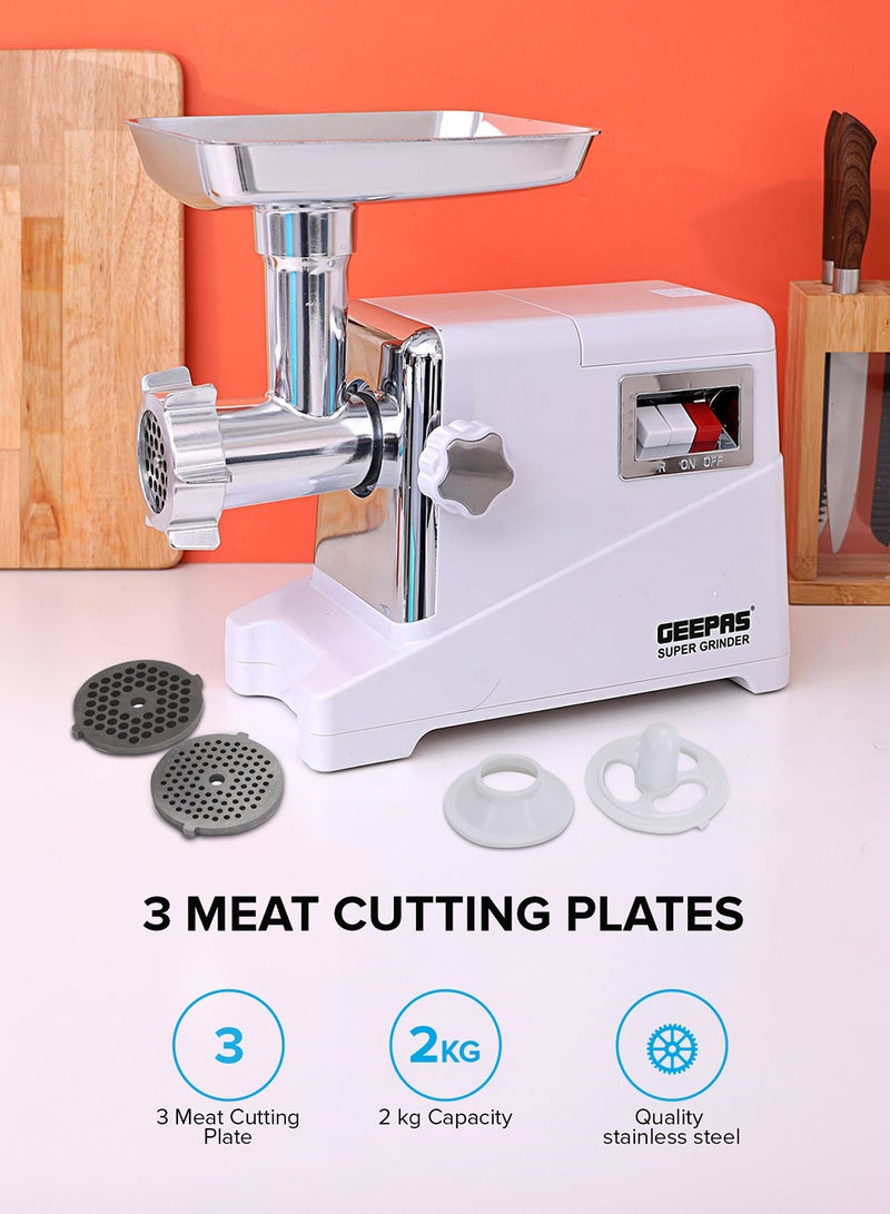 GEEPAS Metal Gear Meat Grinder with Reverse Function, Copper Material Motor, , 3 Cutting Plates -3MM, 5MM & 7 MM, Metal Gears 1600 W GMG1911 White  - Image 2
