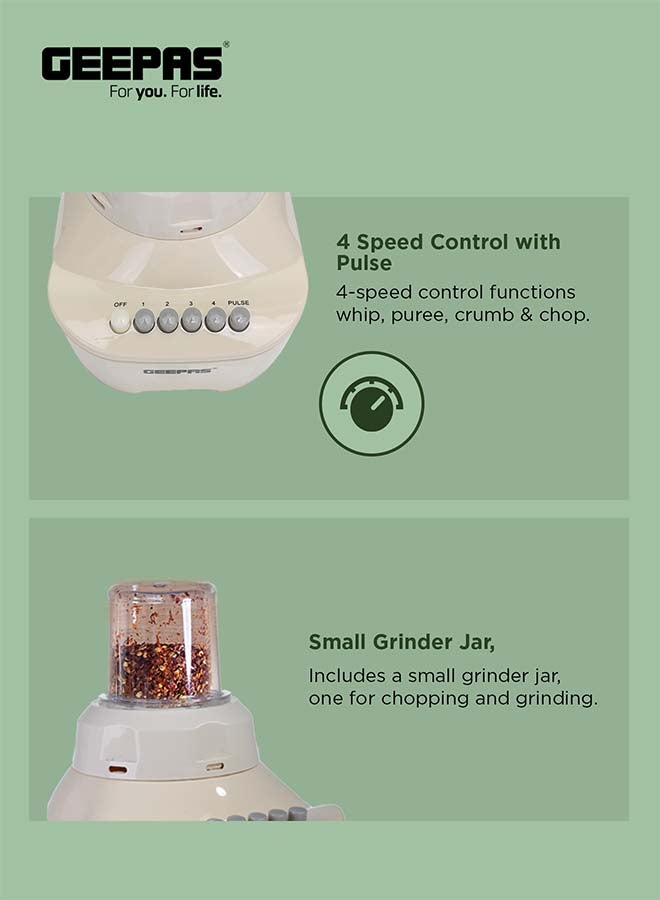 GEEPAS - 2-in-1 Blender, 1.5L Plastic Jar, 4 Speed Control with Pulse | Over Heat Protection , Powerful Motor | Chopper, Coffee Grinder & Smoothie Maker 1500 ml 400 W GSB5362 Beige - Image 1