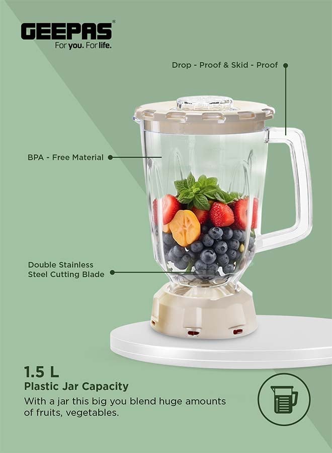 GEEPAS - 2-in-1 Blender, 1.5L Plastic Jar, 4 Speed Control with Pulse | Over Heat Protection , Powerful Motor | Chopper, Coffee Grinder & Smoothie Maker 1500 ml 400 W GSB5362 Beige - Image 1