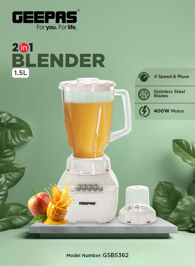 GEEPAS - 2-in-1 Blender, 1.5L Plastic Jar, 4 Speed Control with Pulse | Over Heat Protection , Powerful Motor | Chopper, Coffee Grinder & Smoothie Maker 1500 ml 400 W GSB5362 Beige - Image 1