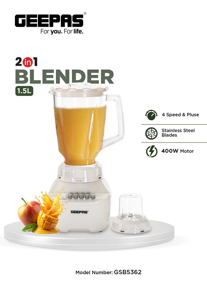GEEPAS - 2-in-1 Blender, 1.5L Plastic Jar, 4 Speed Control with Pulse | Over Heat Protection , Powerful Motor | Chopper, Coffee Grinder & Smoothie Maker 1500 ml 400 W GSB5362 Beige - Image 1