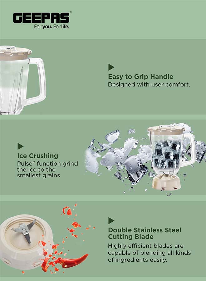 GEEPAS - 2-in-1 Blender, 1.5L Plastic Jar, 4 Speed Control with Pulse | Over Heat Protection , Powerful Motor | Chopper, Coffee Grinder & Smoothie Maker 1500 ml 400 W GSB5362 Beige - Image 1