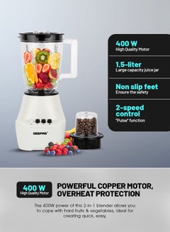GEEPAS 2 in 1 Blender - Stainless Steel Blades, 2 Speed Control with Pulse | Over Heat Protection, Powerful Copper Motor| Ice Crusher, Chopper, Coffee Grinder & More 1.5 L 400 W GSB5409N White, Black  - Image 5