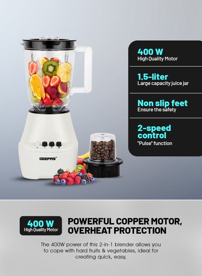 GEEPAS 2 in 1 Blender - Stainless Steel Blades, 2 Speed Control with Pulse | Over Heat Protection, Powerful Copper Motor| Ice Crusher, Chopper, Coffee Grinder & More 1.5 L 400 W GSB5409N White, Black  - Image 5
