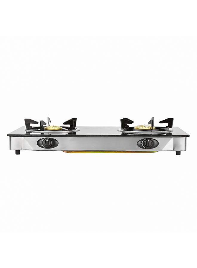 GEEPAS - 2-Burner Gas Hob 70 mm & 90 mm - Tempered Glass Worktop - Automatic Ignition, 2 Heating Zones 4.5Kw| Stainless Steel Frame, Brass Burner GK6879 Silver/Black - Image 1