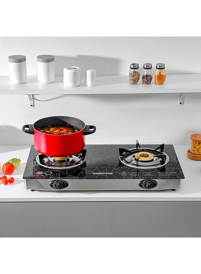 GEEPAS - 2-Burner Gas Hob 70 mm & 90 mm - Tempered Glass Worktop - Automatic Ignition, 2 Heating Zones 4.5Kw| Stainless Steel Frame, Brass Burner GK6879 Silver/Black - Image 1