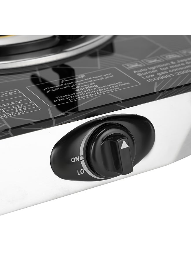GEEPAS - 2-Burner Gas Hob 70 mm & 90 mm - Tempered Glass Worktop - Automatic Ignition, 2 Heating Zones 4.5Kw| Stainless Steel Frame, Brass Burner GK6879 Silver/Black - Image 1
