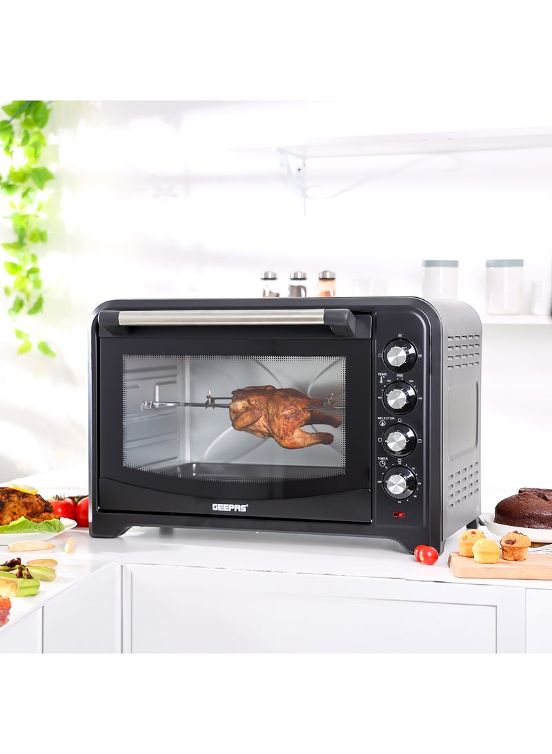 GEEPAS - Electric Oven 60 L 2000 W| Rotisserie, Convection Functions and Inner Lamp| Easy to Use Control Knobs, 4 Stages Heating Selector, 100-230 Degree Celsius Adjustable Temperature|60 Minutes Timer Perfect for Baking, Roasting, Cooking Meat, Cakes Etc.| 2 Years Warranty 60 L 2000 W GO4401NV Black/Silver - Image 1