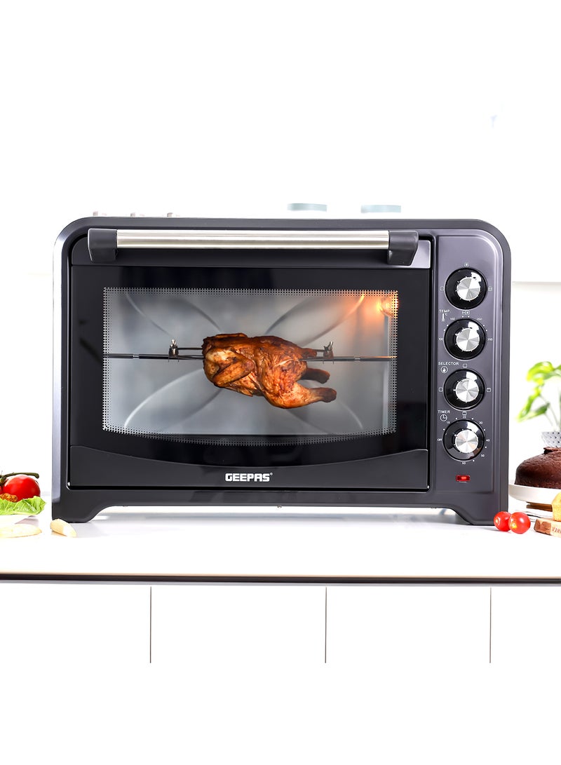 GEEPAS - Electric Oven 60 L 2000 W| Rotisserie, Convection Functions and Inner Lamp| Easy to Use Control Knobs, 4 Stages Heating Selector, 100-230 Degree Celsius Adjustable Temperature|60 Minutes Timer Perfect for Baking, Roasting, Cooking Meat, Cakes Etc.| 2 Years Warranty 60 L 2000 W GO4401NV Black/Silver - Image 1