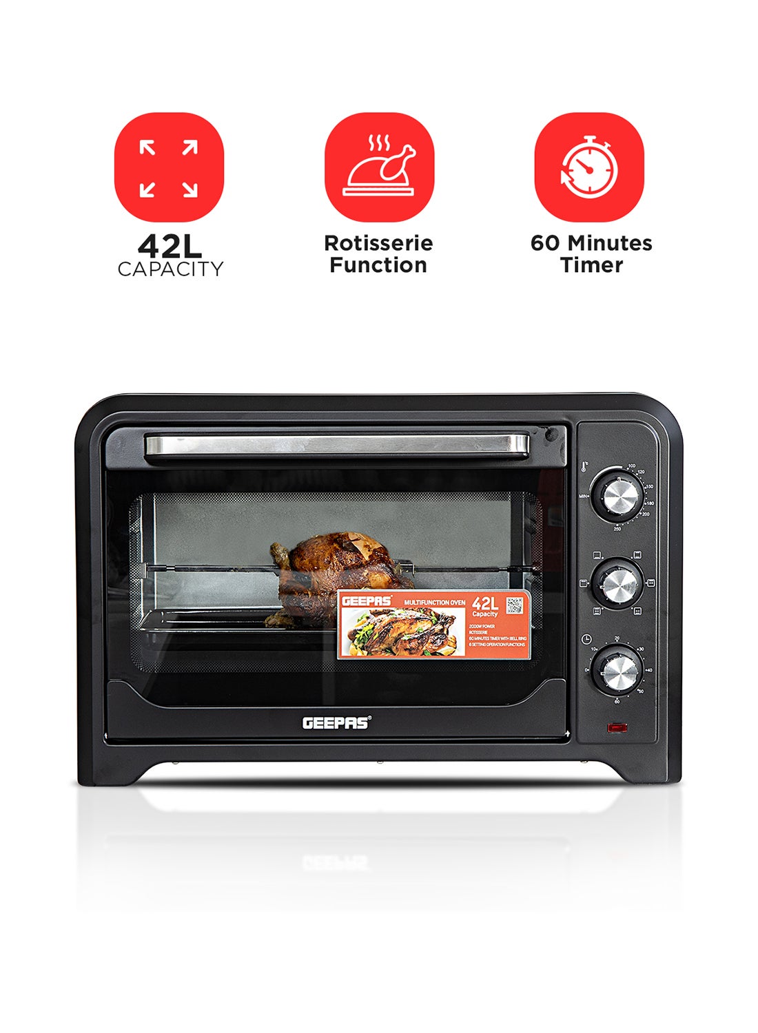 GEEPAS 42 L Electric Oven- G04450| Convection And Rotisserie Function, Perfect For Grilling, Toasting And Roasting| 3 Knobs And Temperature 100-250-Degrees Celsius| 60 Minute Timer With Bell| 2000W And 4 Piece Stainless Steel Heaters 42 L 2000 W GO4450 Black 