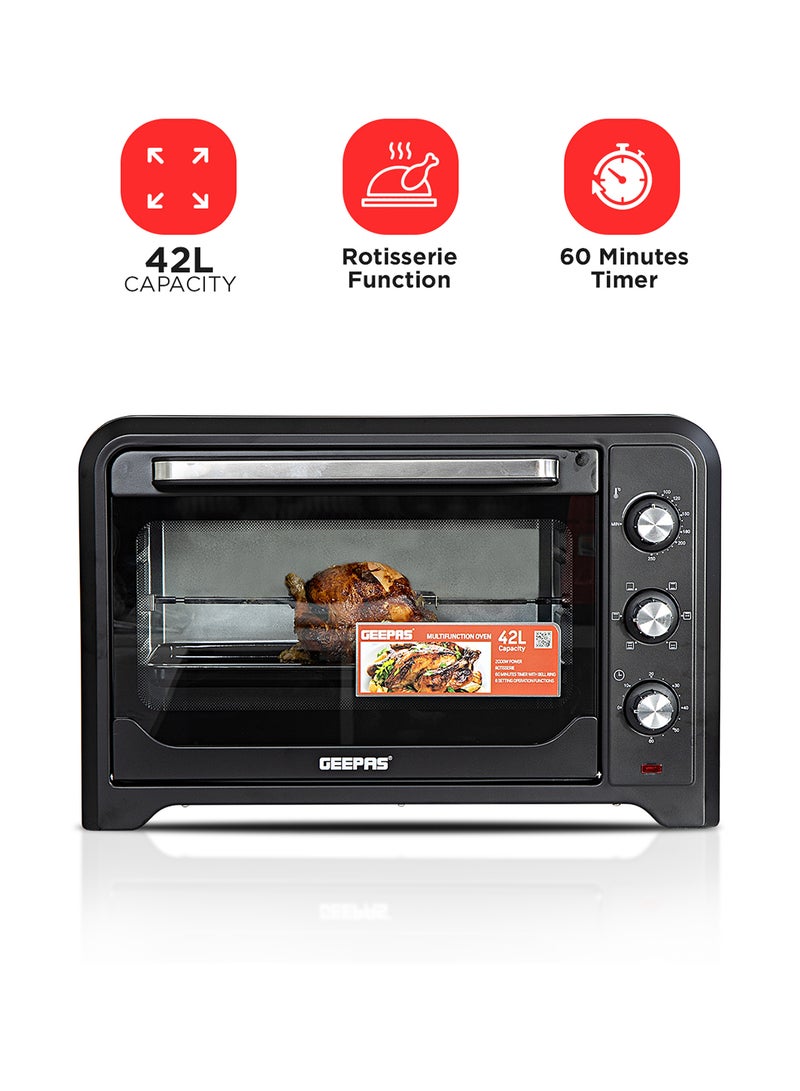 GEEPAS - 42 L Electric Oven- G04450| Convection And Rotisserie Function, Perfect For Grilling, Toasting And Roasting| 3 Knobs And Temperature 100-250-Degrees Celsius| 60 Minute Timer With Bell| 2000W And 4 Piece Stainless Steel Heaters 42 L 2000 W GO4450 Black - Image 1