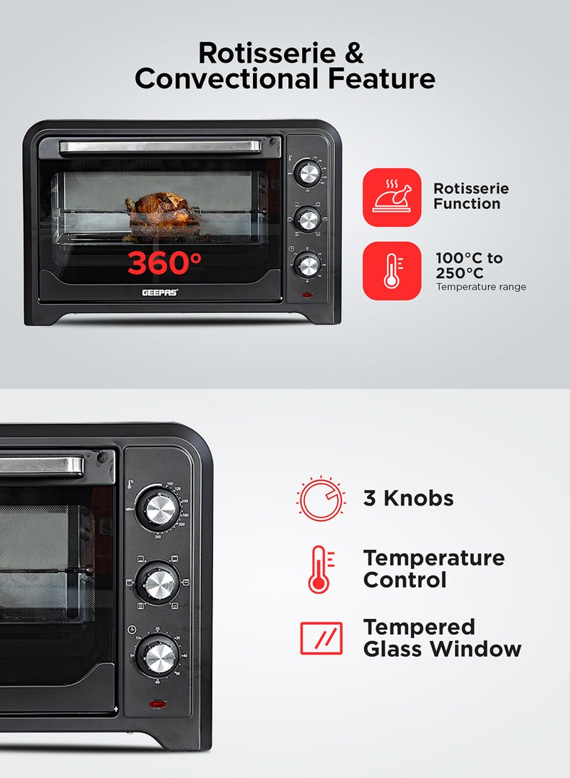 GEEPAS - 42 L Electric Oven- G04450| Convection And Rotisserie Function, Perfect For Grilling, Toasting And Roasting| 3 Knobs And Temperature 100-250-Degrees Celsius| 60 Minute Timer With Bell| 2000W And 4 Piece Stainless Steel Heaters 42 L 2000 W GO4450 Black - Image 1