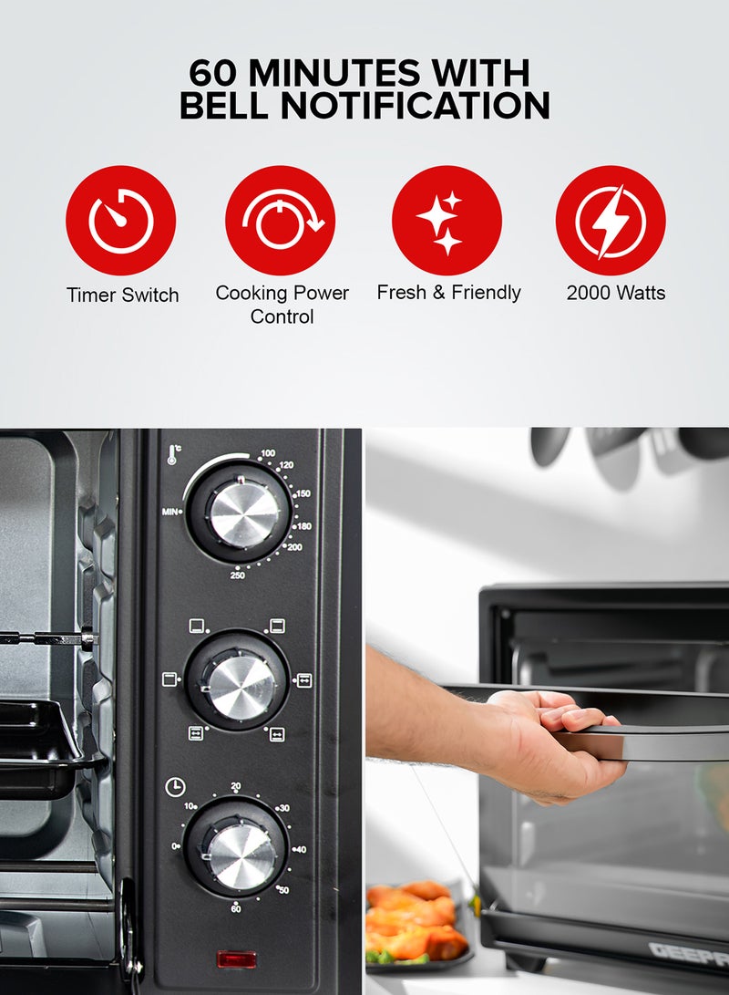GEEPAS - 42 L Electric Oven- G04450| Convection And Rotisserie Function, Perfect For Grilling, Toasting And Roasting| 3 Knobs And Temperature 100-250-Degrees Celsius| 60 Minute Timer With Bell| 2000W And 4 Piece Stainless Steel Heaters 42 L 2000 W GO4450 Black - Image 1