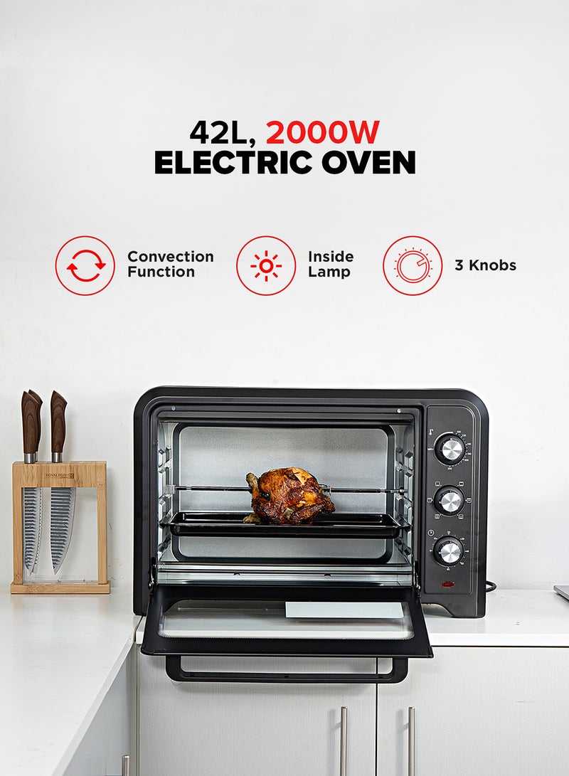 GEEPAS - 42 L Electric Oven- G04450| Convection And Rotisserie Function, Perfect For Grilling, Toasting And Roasting| 3 Knobs And Temperature 100-250-Degrees Celsius| 60 Minute Timer With Bell| 2000W And 4 Piece Stainless Steel Heaters 42 L 2000 W GO4450 Black - Image 1