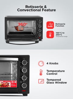 GEEPAS Electric Oven With Convection and Rotisserie Function 4 Knobs and Temperature 100-250-Degrees Celsius, 60 Minute Timer with Bell, Perfect for Grilling, Toasting and Roasting 48 L 2000 W GO4451N Black  - Image 4