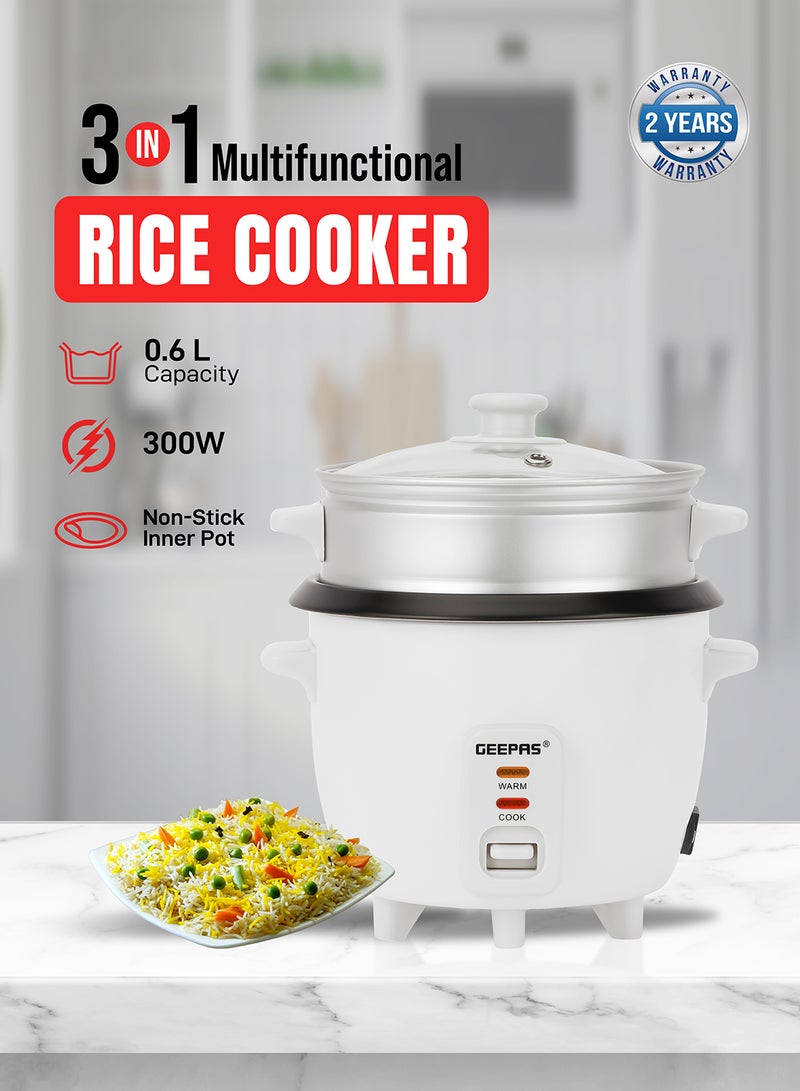 GEEPAS - Automatic Rice Cooker 3 in 1 Functions Non-Stick Inner Pot Automatic Shut Off with Overheat Protection 0.6 L 300 W GRC4324N White - Image 1
