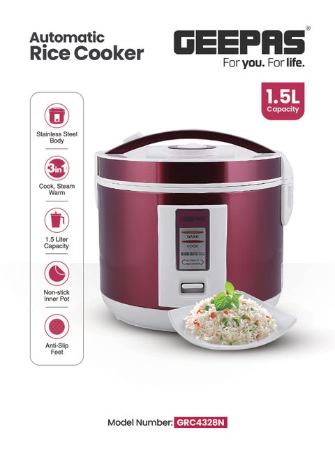 Multifunctional Automatic Rice Cooker with Stainless Steel Body & Non-Stick Inner Pot 1.5 L 708 W GRC4328N Red