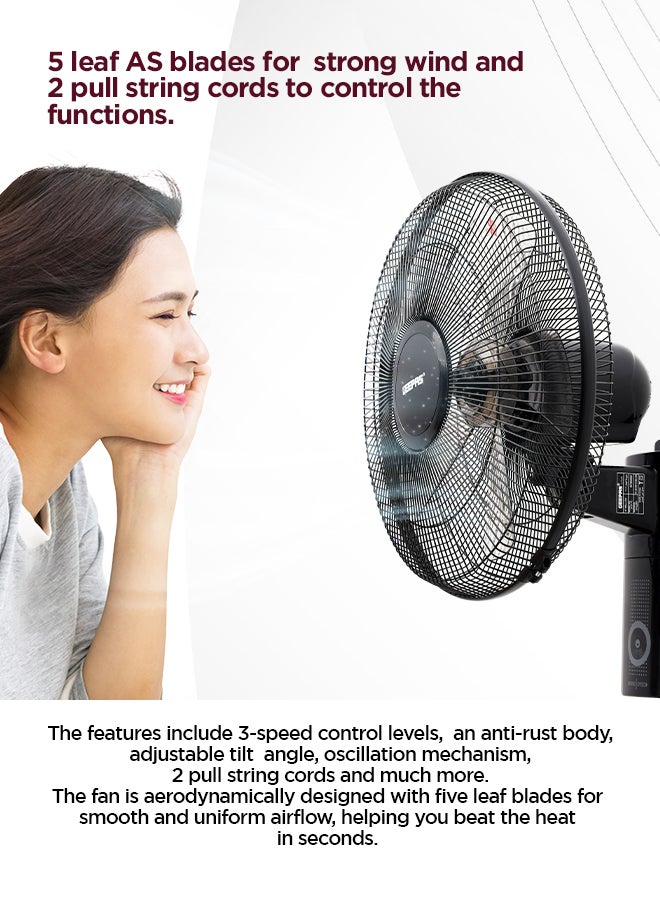 GEEPAS - 16" Wall Fan| High Performance Fan with 3-Speed Controls, 5 Leaf Blades and 2 Pull String Cords| Adjustable Tilt Angle and Efficient Cooling| High Performance Motor for High Speed Wind| 2 Years Warranty 60 W GF9483N Black - Image 1