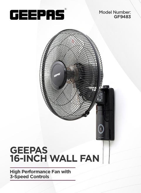 16" Wall Fan| High Performance Fan with 3-Speed Controls, 5 Leaf Blades and 2 Pull String Cords| Adjustable Tilt Angle and Efficient Cooling| High Performance Motor for High Speed Wind| 2 Years Warranty 60 W GF9483N Black