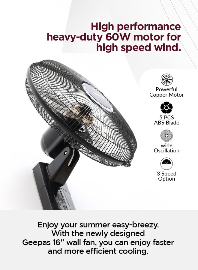 GEEPAS - 16" Wall Fan| High Performance Fan with 3-Speed Controls, 5 Leaf Blades and 2 Pull String Cords| Adjustable Tilt Angle and Efficient Cooling| High Performance Motor for High Speed Wind| 2 Years Warranty 60 W GF9483N Black - Image 1