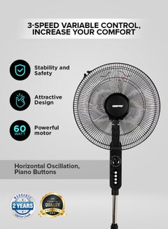 GEEPAS Stand Fan 3 Speed 5 Leaf blade Horizontal oscillation Adjustable height and tilt setting Built in timer 60 W GF9488N Multicolour  - Image 2