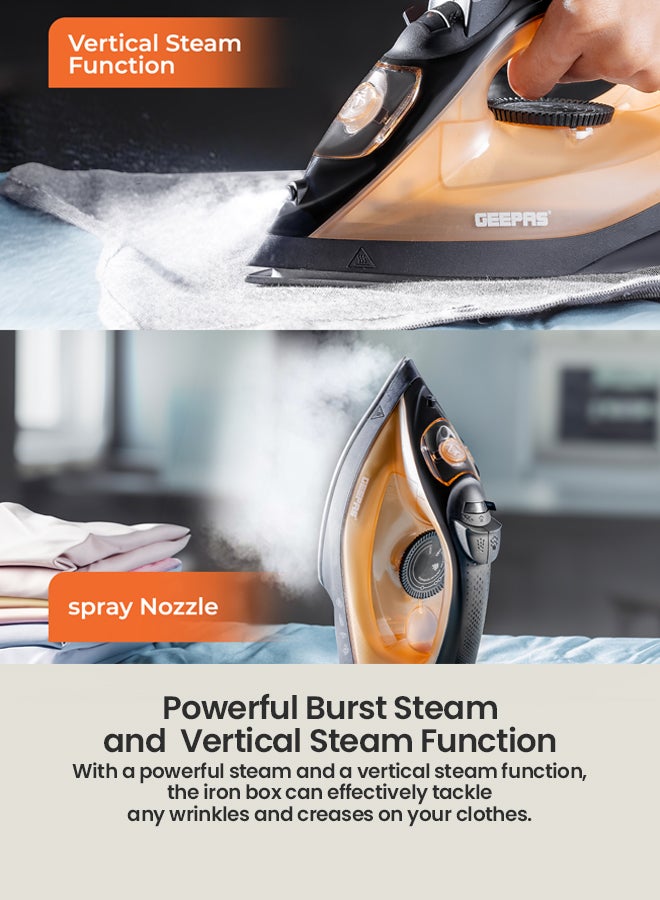 GEEPAS - Multifunctional Steam Iron  with Non-Stick Soleplate, Wet/Dry Function/Temperature Control, Dry/Steam Burst/Steam/Vertical Steam/Spray Function 120 ml 1800 W GSI7783N Gold/Black - Image 1