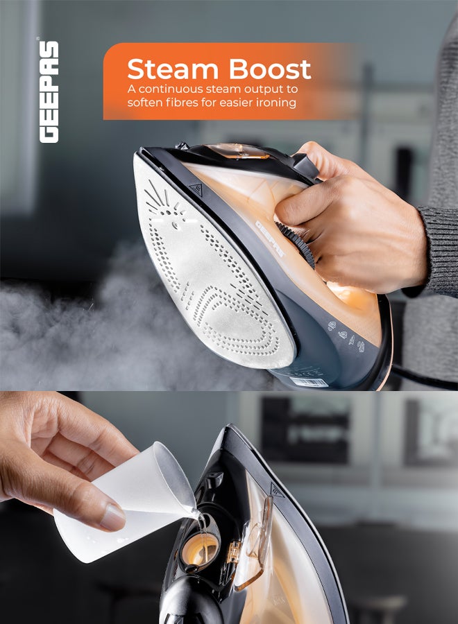 GEEPAS - Multifunctional Steam Iron  with Non-Stick Soleplate, Wet/Dry Function/Temperature Control, Dry/Steam Burst/Steam/Vertical Steam/Spray Function 120 ml 1800 W GSI7783N Gold/Black - Image 1
