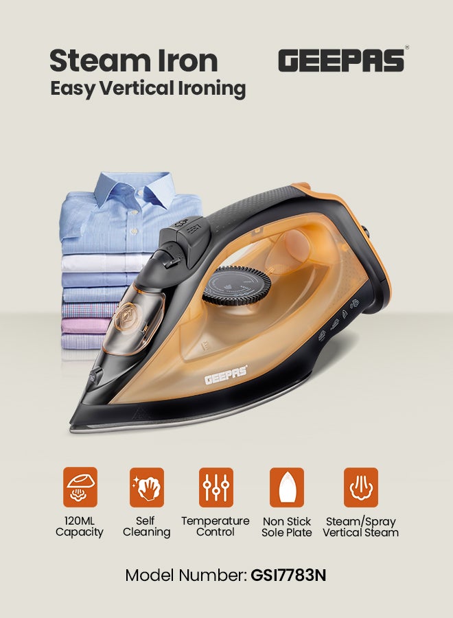 GEEPAS - Multifunctional Steam Iron  with Non-Stick Soleplate, Wet/Dry Function/Temperature Control, Dry/Steam Burst/Steam/Vertical Steam/Spray Function 120 ml 1800 W GSI7783N Gold/Black - Image 1