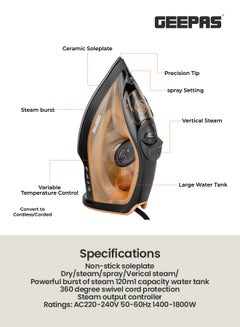GEEPAS Multifunctional Steam Iron  with Non-Stick Soleplate, Wet/Dry Function/Temperature Control, Dry/Steam Burst/Steam/Vertical Steam/Spray Function 120 ml 1800 W GSI7783N Gold/Black  - Image 5