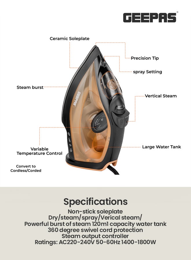 GEEPAS - Multifunctional Steam Iron  with Non-Stick Soleplate, Wet/Dry Function/Temperature Control, Dry/Steam Burst/Steam/Vertical Steam/Spray Function 120 ml 1800 W GSI7783N Gold/Black - Image 1