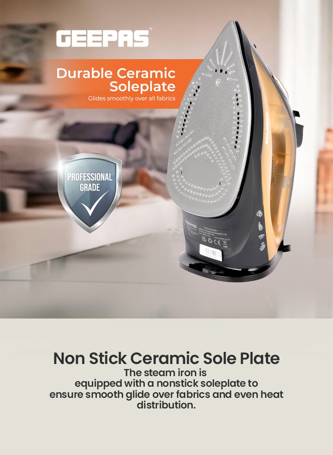 GEEPAS - Multifunctional Steam Iron  with Non-Stick Soleplate, Wet/Dry Function/Temperature Control, Dry/Steam Burst/Steam/Vertical Steam/Spray Function 120 ml 1800 W GSI7783N Gold/Black - Image 1