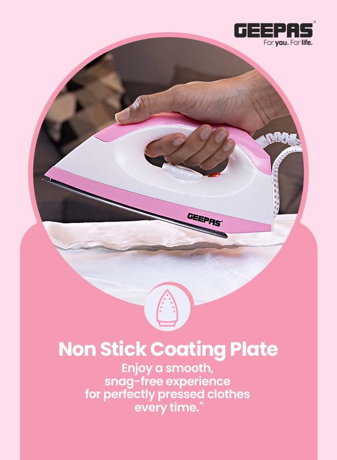 GEEPAS - Dry Iron - Non-Stick Coating Plate & Adjustable Thermostat Control | Indicator Light with ABS Material | 2 Years Warranty 1200 W GDI7782 White, Pink - Image 1