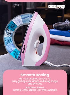 GEEPAS Dry Iron - Non-Stick Coating Plate & Adjustable Thermostat Control | Indicator Light with ABS Material | 2 Years Warranty 1200 W GDI7782 White, Pink  - Image 4