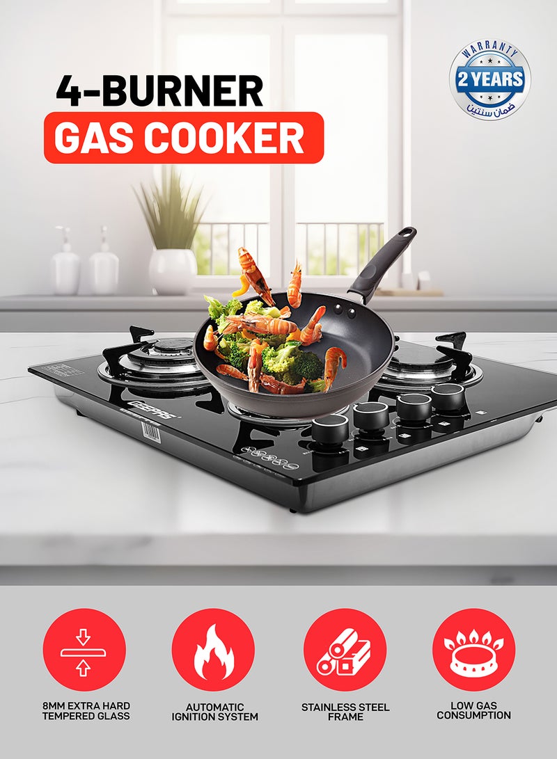 جيباس طباخ غاز GK4410 بأربع شعلات - مقاس 130/100/70/50 مم على التوالي - سطح عمل من الزجاج المقسى 8 مم، إشعال تلقائي، 4 مناطق تسخين | إطار من الفولاذ المقاوم للصدأ  - Image 1