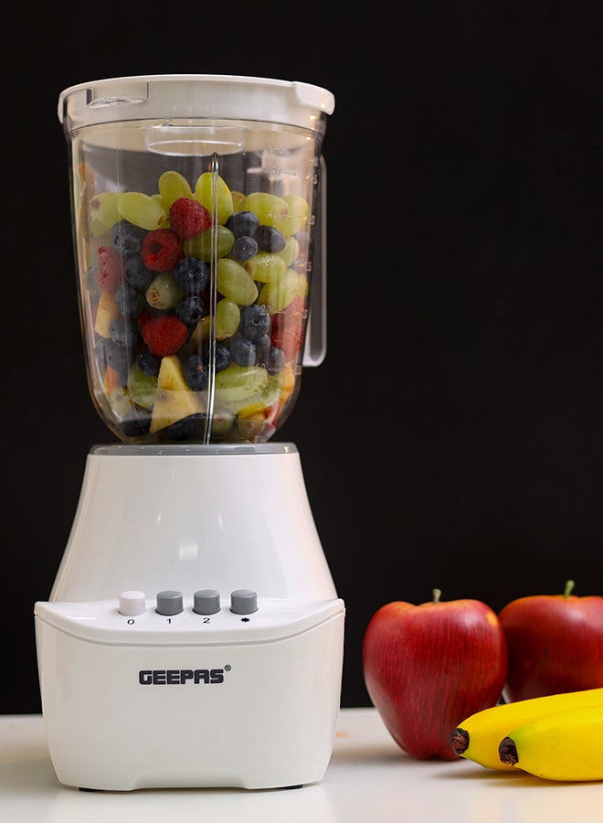 GEEPAS - 3-In-1 Blender With Unbreakable PC Jars, Stainless Steel Blade, 2 Grinder Attachments, 400W Powerful Motor with 2 Speed Setting and Pulse 1.5 L 400 W GSB6104N White/Clear - Image 1