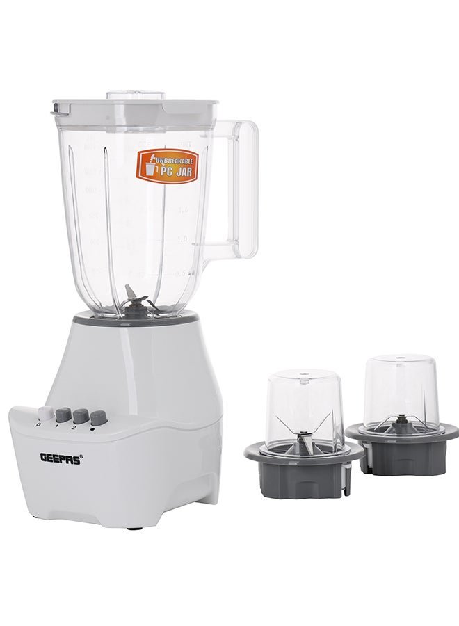 GEEPAS - 3-In-1 Blender With Unbreakable PC Jars, Stainless Steel Blade, 2 Grinder Attachments, 400W Powerful Motor with 2 Speed Setting and Pulse 1.5 L 400 W GSB6104N White/Clear - Image 1