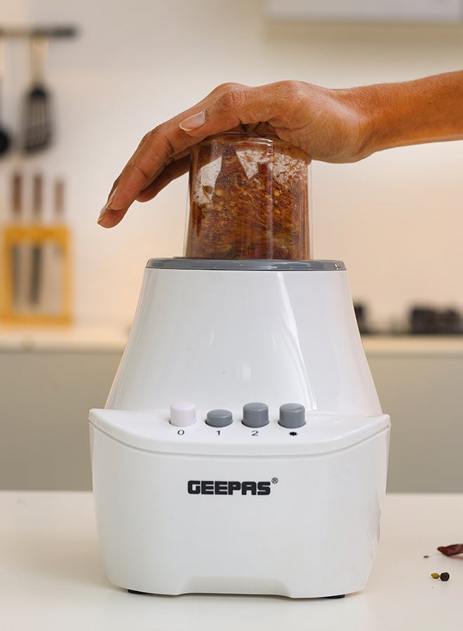 GEEPAS - 3-In-1 Blender With Unbreakable PC Jars, Stainless Steel Blade, 2 Grinder Attachments, 400W Powerful Motor with 2 Speed Setting and Pulse 1.5 L 400 W GSB6104N White/Clear - Image 1