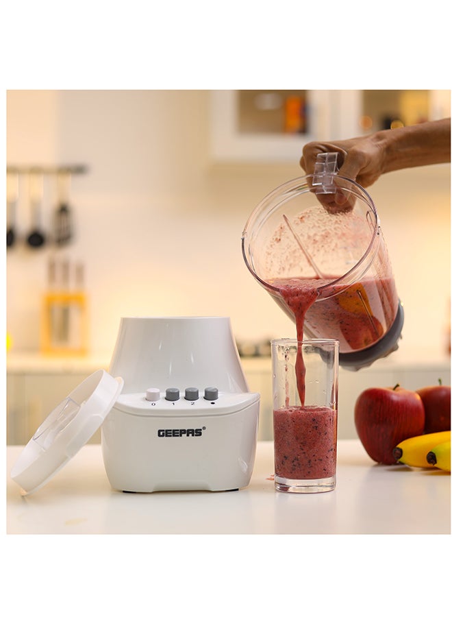 GEEPAS - 3-In-1 Blender With Unbreakable PC Jars, Stainless Steel Blade, 2 Grinder Attachments, 400W Powerful Motor with 2 Speed Setting and Pulse 1.5 L 400 W GSB6104N White/Clear - Image 1