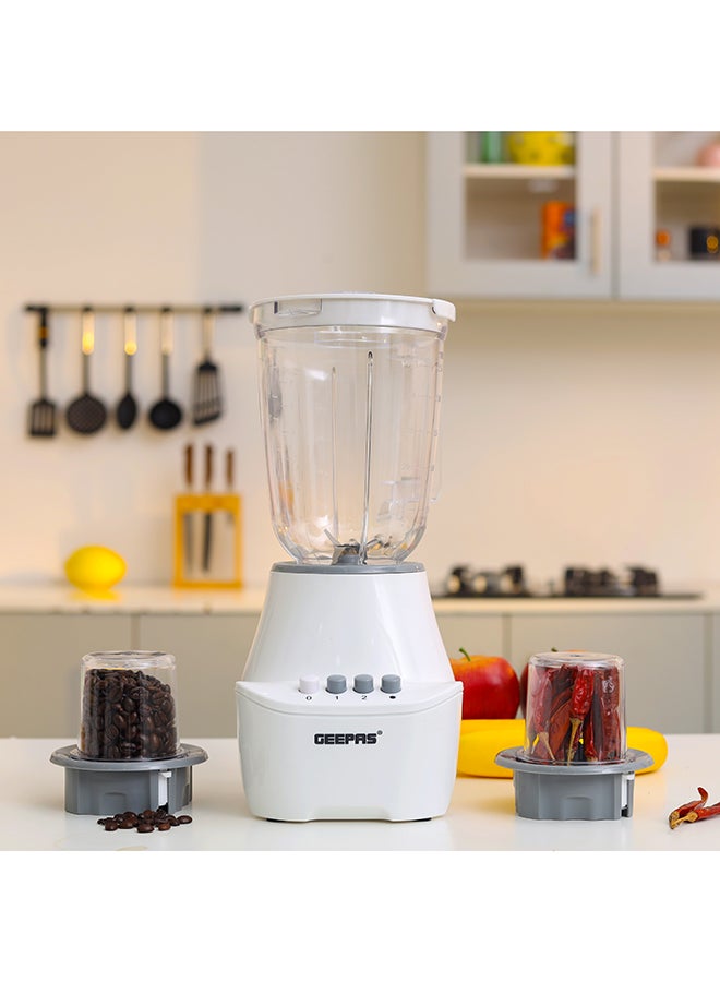 GEEPAS - 3-In-1 Blender With Unbreakable PC Jars, Stainless Steel Blade, 2 Grinder Attachments, 400W Powerful Motor with 2 Speed Setting and Pulse 1.5 L 400 W GSB6104N White/Clear - Image 1