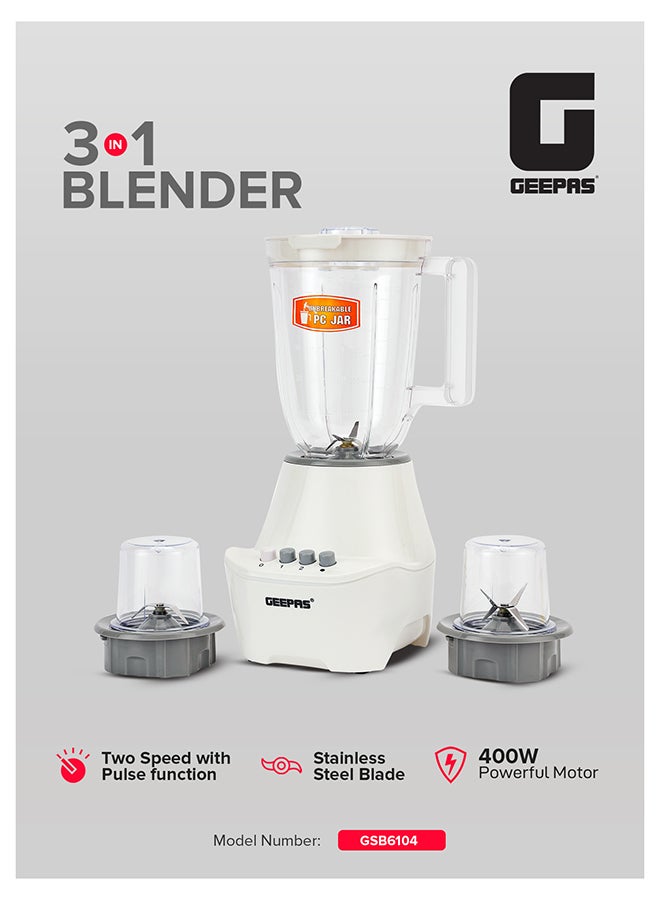 جيباس خلاط 3 في 1 محرك قوي مع سرعتين وإعدادات نبضية شفافة وغير قابلة للكسر مع شفرة من الفولاذ المقاوم للصدأ سعة 1.5 لتر و400.0 وات GSB6104 أبيض/شفاف 1.5 L 400 W GSB6104N أبيض/ شفاف - Image 1
