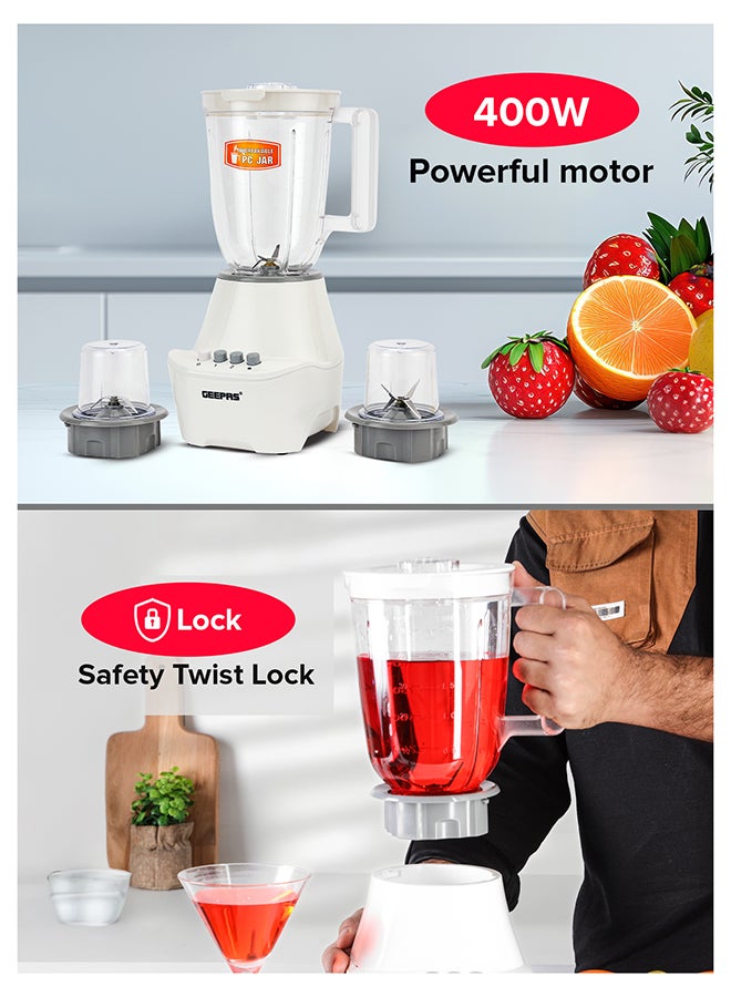 جيباس خلاط 3 في 1 محرك قوي مع سرعتين وإعدادات نبضية شفافة وغير قابلة للكسر مع شفرة من الفولاذ المقاوم للصدأ سعة 1.5 لتر و400.0 وات GSB6104 أبيض/شفاف 1.5 L 400 W GSB6104N أبيض/ شفاف - Image 3