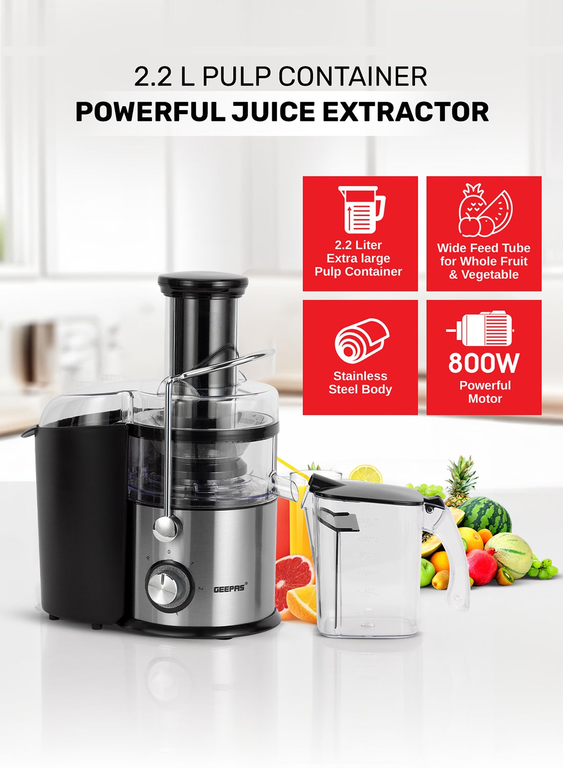 GEEPAS Centrifugal Juicer L 800W |Pulp Container Machine Juice