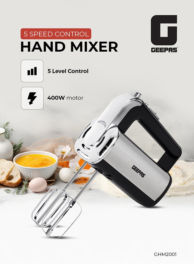 GEEPAS Hand Mixer 400 W Copper Motor With 5 Speed Control, Eject Button And Turbo Function, Perfect For Kneading Dough, Mixing Batter, Whisking Eggs, Etc. Includes 2 Hooks And 2 Beater Heads, 2 Years Warranty Ghm2001N 400 W GHM2001N Silver & Black - Image 2