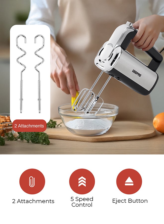 GEEPAS Hand Mixer 400 W Copper Motor With 5 Speed Control, Eject Button And Turbo Function, Perfect For Kneading Dough, Mixing Batter, Whisking Eggs, Etc. Includes 2 Hooks And 2 Beater Heads, 2 Years Warranty Ghm2001N 400 W GHM2001N Silver & Black - Image 3