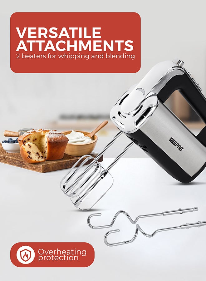 GEEPAS Hand Mixer 400 W Copper Motor With 5 Speed Control, Eject Button And Turbo Function, Perfect For Kneading Dough, Mixing Batter, Whisking Eggs, Etc. Includes 2 Hooks And 2 Beater Heads, 2 Years Warranty Ghm2001N 400 W GHM2001N Silver & Black - Image 4