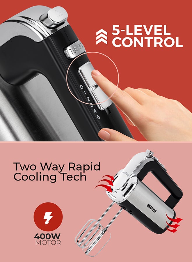 GEEPAS Hand Mixer 400 W Copper Motor With 5 Speed Control, Eject Button And Turbo Function, Perfect For Kneading Dough, Mixing Batter, Whisking Eggs, Etc. Includes 2 Hooks And 2 Beater Heads, 2 Years Warranty Ghm2001N 400 W GHM2001N Silver & Black - Image 5