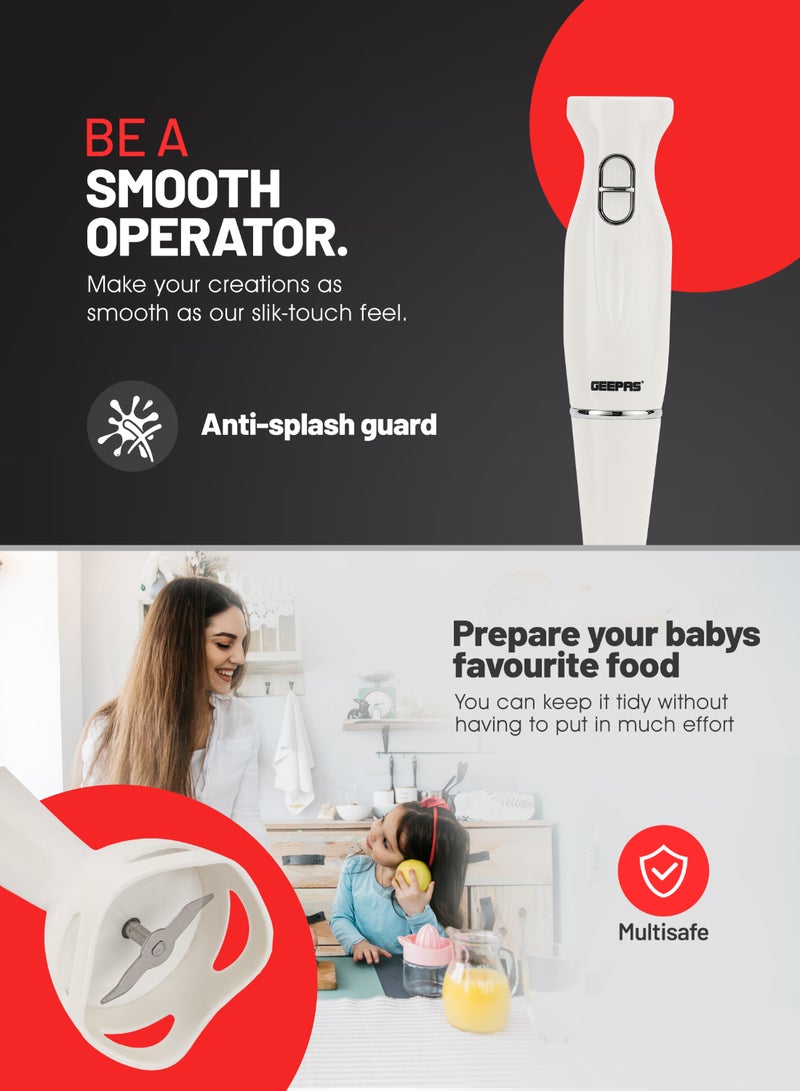 GEEPAS Hand Blender , 2 Speed, Stainless Steel Blade | Low Noise DC Motor | Detachable Stick | Ideal for Making Smoothies, Milk Shakes, Baby Food | Anti-Splash White Guard GHB6143 White  - Image 4