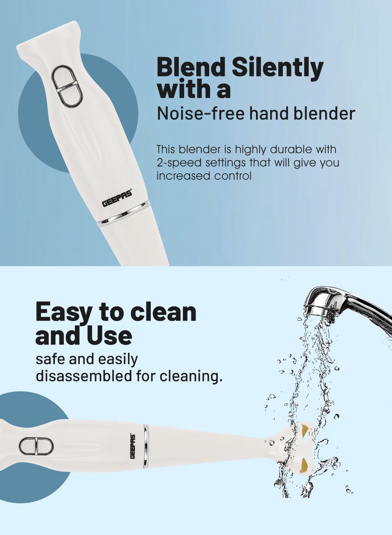 GEEPAS Hand Blender , 2 Speed, Stainless Steel Blade | Low Noise DC Motor | Detachable Stick | Ideal for Making Smoothies, Milk Shakes, Baby Food | Anti-Splash White Guard GHB6143 White  - Image 5
