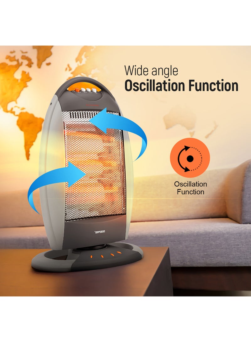 GEEPAS - Halogen Heater, 3 Heating Power| Oscillation Function | Safety Tip-Over Switch | Carry Handle | Wide Angle Heat Reflector l Portable Heater for Home, Office, Etc GHH9107 Grey - Image 1